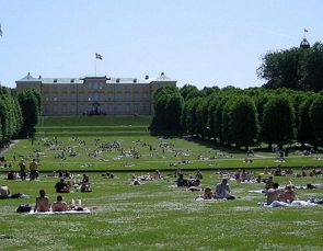 Foto de um parque em Copenhague no verão com pessoas tomando sol.