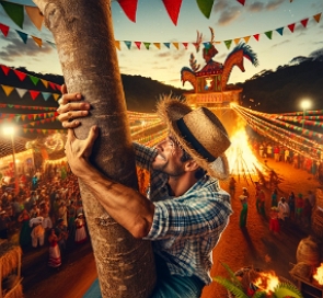 Homem com roupa de festa junina subindo num tronco de árvore