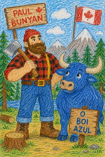 Ilustra&ccedil;&atilde;o de um lenhador com seu machado e atr&aacute;s um boi azul