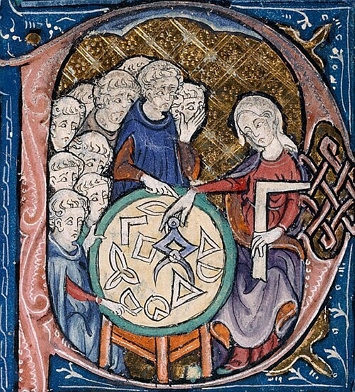 Pintura medieval mostrando uma professora ensinando Geometria Pintura medieval mostrando uma professora ensinando Geometria