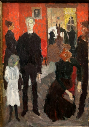 Pintura mostrando pessoas num velório