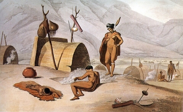 "Coiss&atilde; ocupados grelhando gafanhotos", pintura de Samuel Daniell de 1805