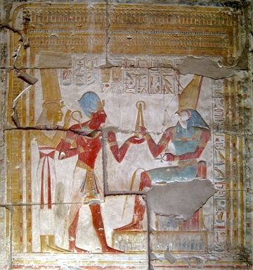 Seti I perante Horus, Templo de Seti I, pintura eg&iacute;pcia