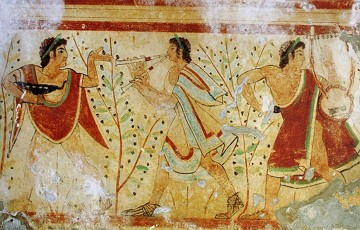 Pintura etrusca mostrando dançarino e músicos Pintura etrusca mostrando dançarino e músicos