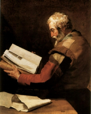 Anaxágoras retratado numa pintura lendo um livro.