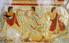 Pintura etrusca mostrando dançarino e músicos