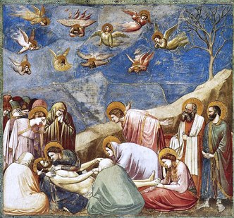 Pintura religiosa sobre a morte de Jesus, mostrando anjos no céu