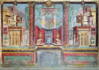Pintura de um mural retratando casas e construções romanas