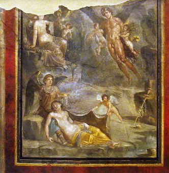 Pintura romana retratando pessoas e anjos, numa cena de casamento.