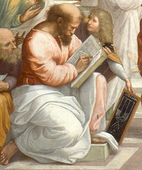 Pintura mostrando Pitágoras escrevendo num caderno ou livro.