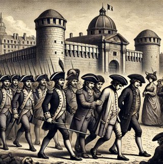 Ilustração mostrando Soldados franceses prendendo um opositor francês