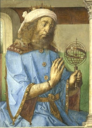 Pintura de Ptolomeu segurando uma esfera metálica