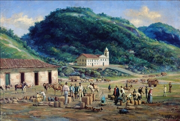 Pintura mostrando tropeiros parados pr&oacute;ximos a uma casa e igreja