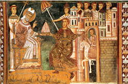 Cena religiosa de um papa abençoando um rei na Idade Média