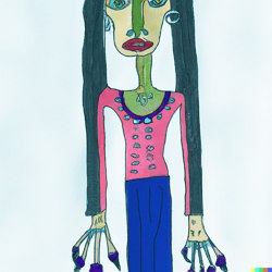 Desenho de uma mulher de cabelo preto comprido, alta, magra e com unhas compridas