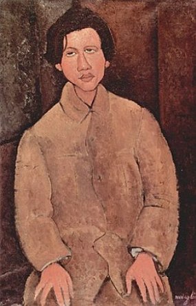 Pintura em tons de marrom de um homem com uma blusa comprida e com uma expressão de indiferença