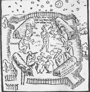 Ilustração mostrando uma reunião de chefes tupinambas