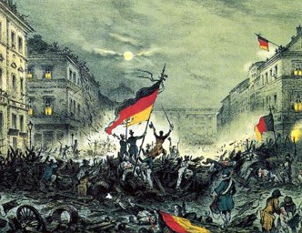 Pintura mostrando uma cena da revolução de 1848 na Alemanha