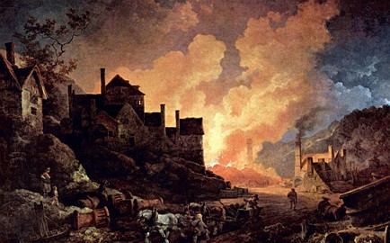  Cidade sendo iluminada a noite pelos altos-fornos de ferro (pintura de Loutherbourg)