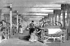 Imagem de uma tecelagem inglesa na Primeira Revolução Industrial