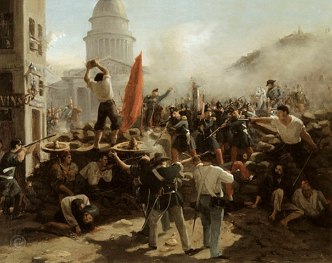 Imagem de barricadas em Paris no ano de 1848 durante o processo revolucionário