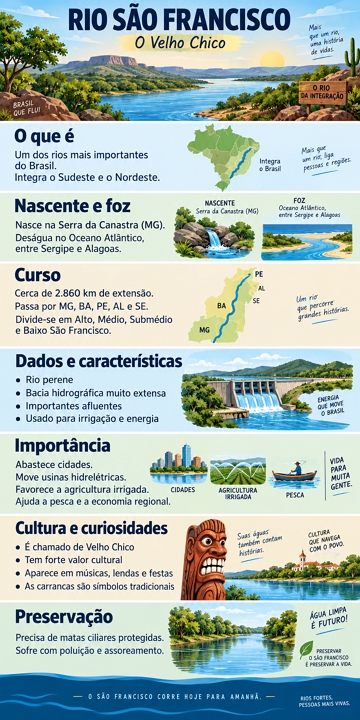 Resumo com as caracter&iacute;sticas do rio S&atilde;o Francisco em formato de infogr&aacute;fico
