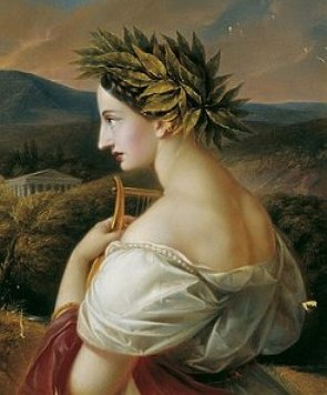 Pintura de Uma mulher branca com uma harpa na mão, uma coroa de louro na cabeça e usando vestido branco