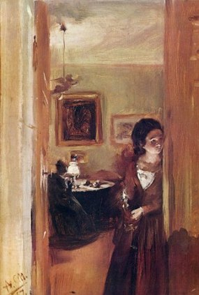 Pintura de um homem sentado na cadeira ao fundo e uma menina olhando pela porta