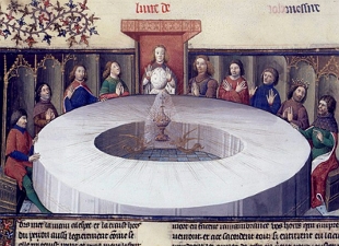 Pintura medieval mostrando o Santo Graal na frente dos cavaleiros da Távola Redonda