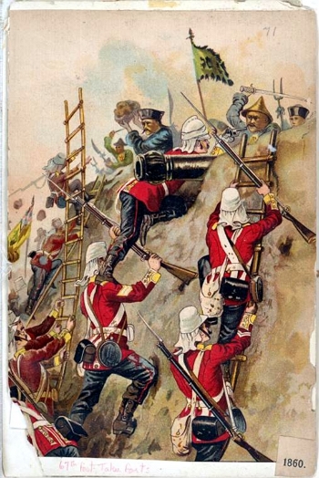 Tropas brit&acirc;nicas pegando um forte em 1860 no final da Segunda Guerra do &Oacute;pio