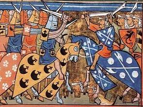 Pintura medieval mostrando uma guerra entre Cristãos e Muçulmanos na Segunda Cruzada