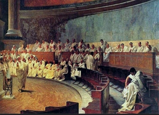 Pintura mostrando os senadores romanos reunidos