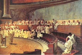 Afresco mostrando os senadores romanos vestidos de branco e o senador Cícero denunciando Catilina