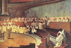 Pintura mostrando os senadores no Senado Romano