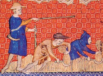 Pintura medieval mostrando servos trabalhando na agricultura