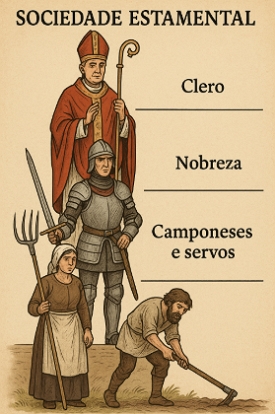 Ilustra&ccedil;&atilde;o representando a sociedade estamental medieval com Clero, Nobreza e Camponeses