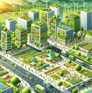 Ilustração mostrando prédios e ruas com muito verde e geração de energia eólica