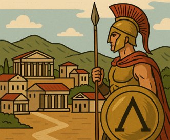 Ilustração mostrando um soldado espartano e ao fundo a cidade de Esparta