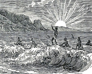 Imagem antiga de nativos praticando o surfe