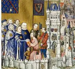Cerimônia de vassalagem na Europa Feudal, França século XIV