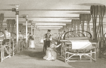 Tecelagem inglesa da época da Primeira Revolução Industrial Imagem de uma tecelagem inglesa na Primeira Revolução Industrial