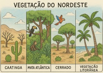 os quatro tipos de vegetação predominantes no Nordeste do Brasil Ilustração mostrando figuras representando os quatro tipos de vegetação predominantes no Nordeste do Brasil