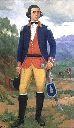 Pintura de Tiradentes vestindo uniforme militar azul de alferes