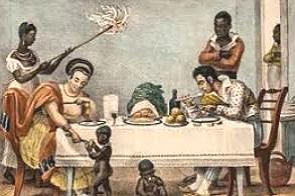 Escravos negros servindo uma família de brancos no Brasil Colonial