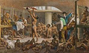 Escravos sendo transportados num navio negreiro
