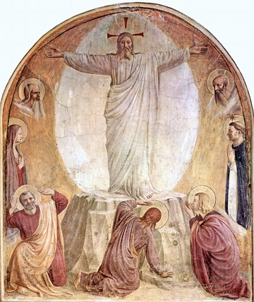 Transfiguração Pintura mostrando Jesus de braços abertos e imagens pequenas de santos olhando para ele.