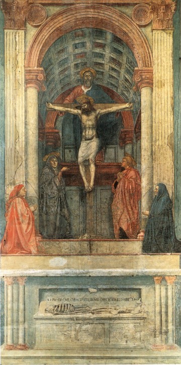Pintura renascentista mostrando Jesus na Cruz e a santa trindade