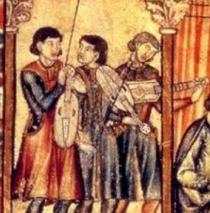Pintura medieval mostrando trovadores com instrumentos musicais