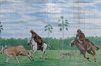 Vaquejada Pintura em azulejos mostrando uma vaquejada