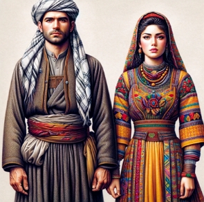 Ilustração com casal mostrando uma vestimenta tradicional dos curdos